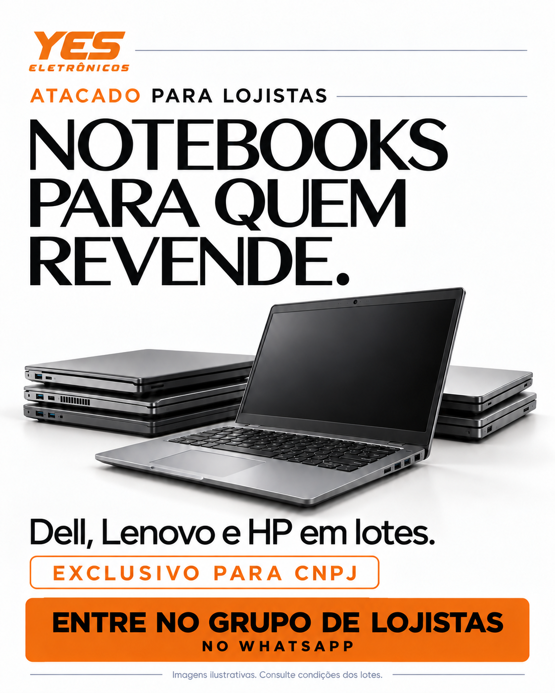 Ilustração de um notebook aberto e pilhas de notebooks fechados para representar a compra em lotes
